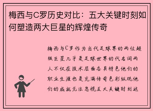梅西与C罗历史对比：五大关键时刻如何塑造两大巨星的辉煌传奇