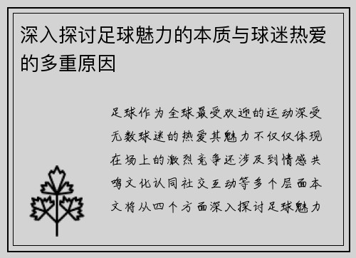 深入探讨足球魅力的本质与球迷热爱的多重原因